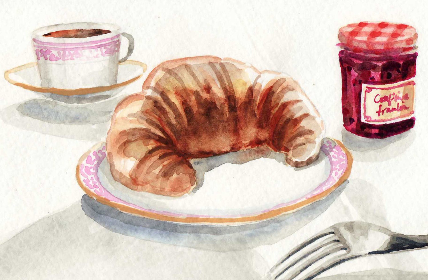 French Croissant and Jam Confiture et Croissant ORIGINAL Watercolor Painting 5 x 7 Framboise
