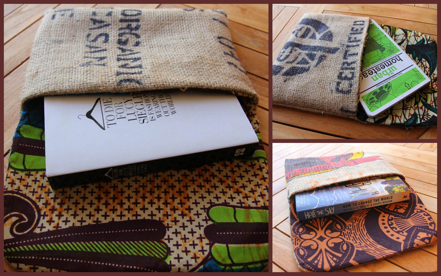 CUSTOM ORDER: Three Fairtrade Coffee Sack & African Wax Print Book and Tablet Travel Bags