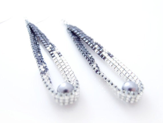 Silver Beaded Earrings, Dangle Earrings, Blue Pearl Earrings, Pixel Effect, Modern Earrings, Romantic Style, OOAK Handmade by JeannieRichard