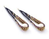 Black Gold Earrings, Beaded Dangle Earrings, White Pearl Earrings, Art Deco Style, Pixel Effect, OOAK Handmade by JeannieRichard