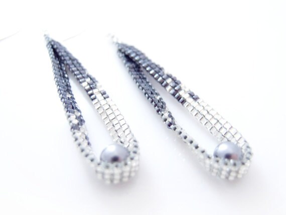 Silver Beaded Earrings, Dangle Earrings, Blue Pearl Earrings, Pixel Effect, Modern Earrings, Romantic Style, OOAK Handmade by JeannieRichard