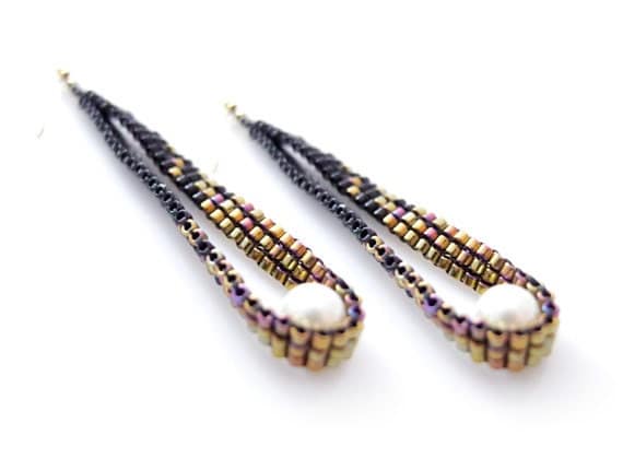 Black Gold Earrings, Beaded Dangle Earrings, White Pearl Earrings, Art Deco Style, Pixel Effect, OOAK Handmade by JeannieRichard