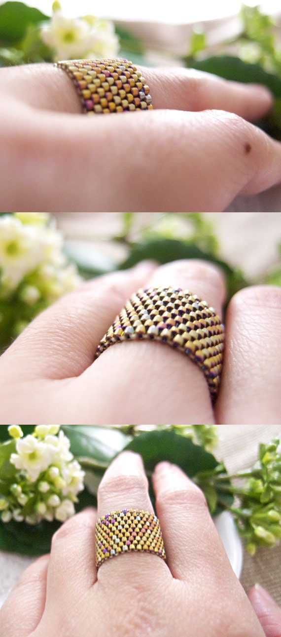Metallic Gold Ring, Gold Beaded Ring, Classic Ring Band, Beaded Ring Band, Unisex Ring Band, OOAK Ring, Handmade by JeannieRichard
