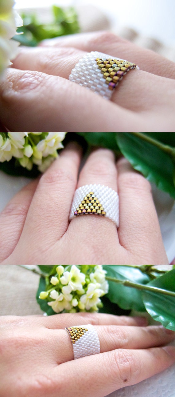 White Beaded Ring, Gold Triangle Ring, Geometric Ring Band, Beaded Ring Band, Gold Arrow Ring, OOAK Ring, Handmade by JeannieRichard