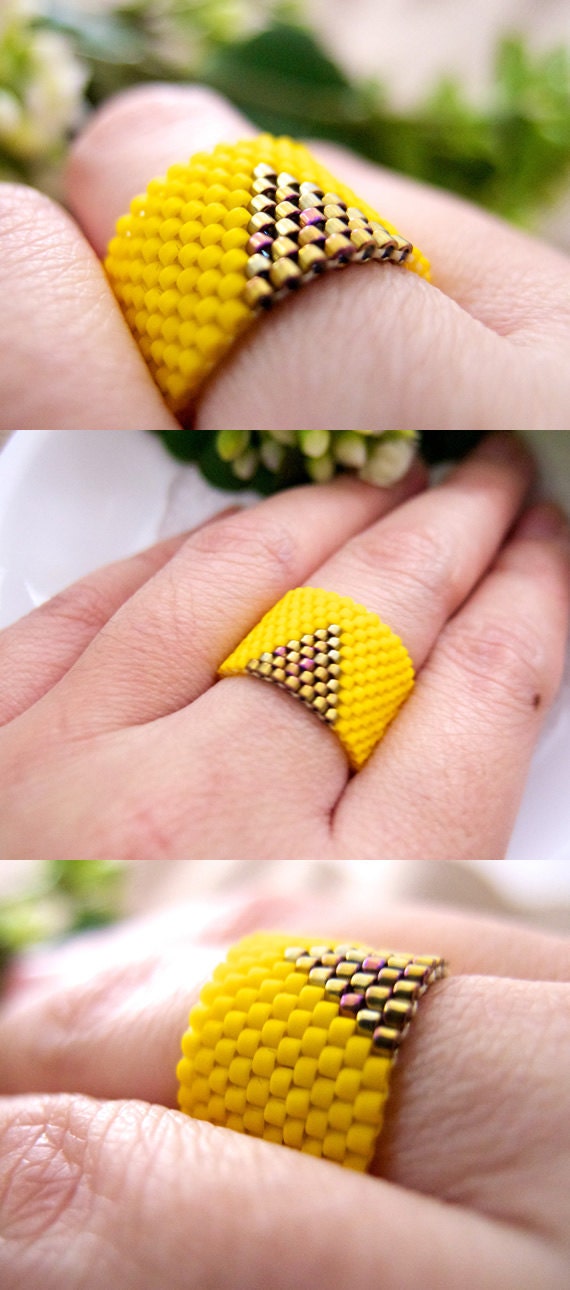 Yellow Beaded Ring, Gold Triangle Ring, Geometric Ring, Bold Statement Ring, Gold Triangle Ring, Cleopatra Style, OOAK by JeannieRichard