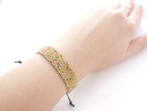 Metallic Gold Beaded Bracelet, Adjustable Cord Bracelet, Summer Bracelet, Eco Friendly Fashion, OOAK Handmade by JeannieRichard
