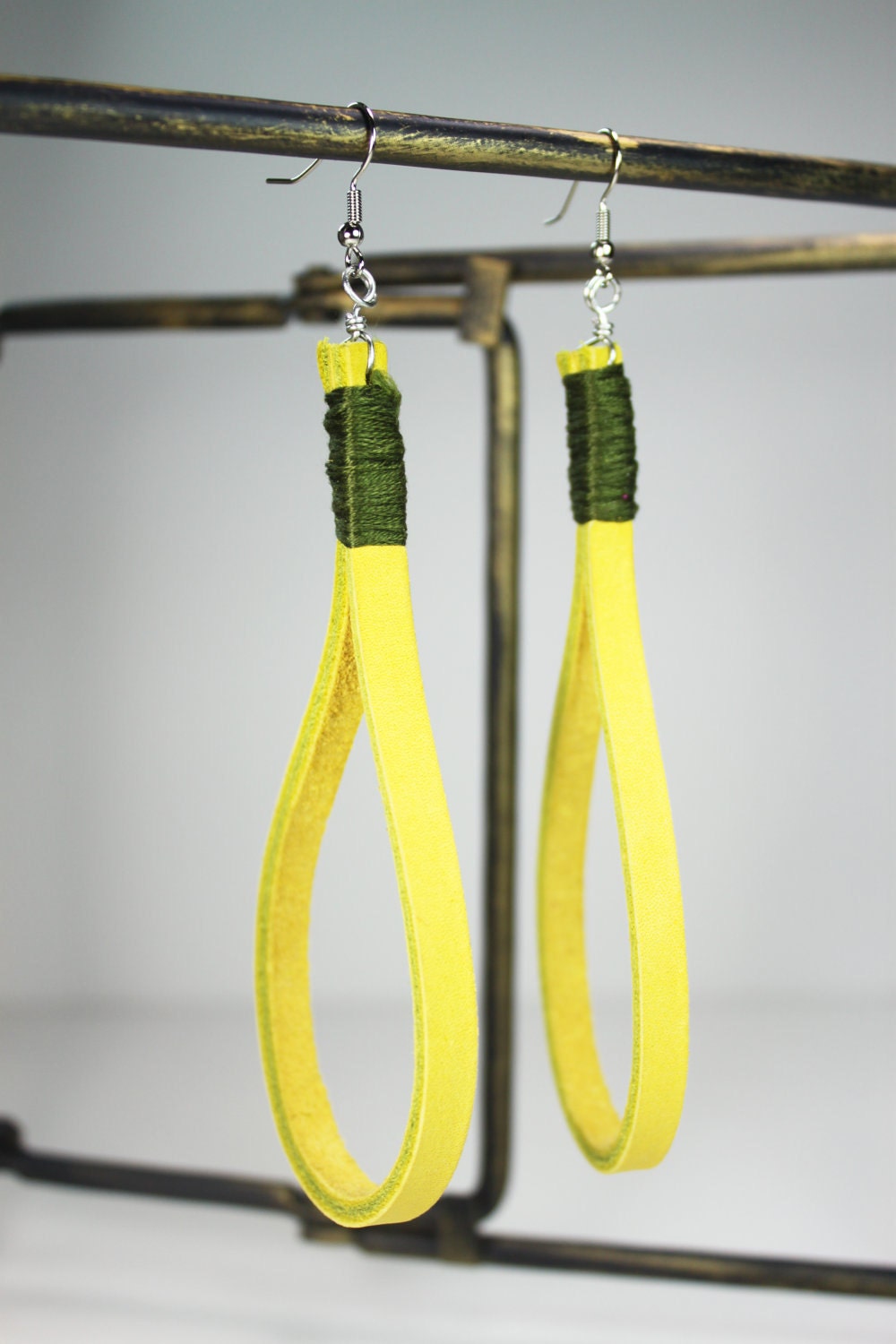Yellow and Olive Pear Drop Hoop Earrings by Cre8tivesoul