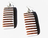 Tan and White Rectangle Striped Recycled Wooden Dangle Earrings by Cre8tivesoul