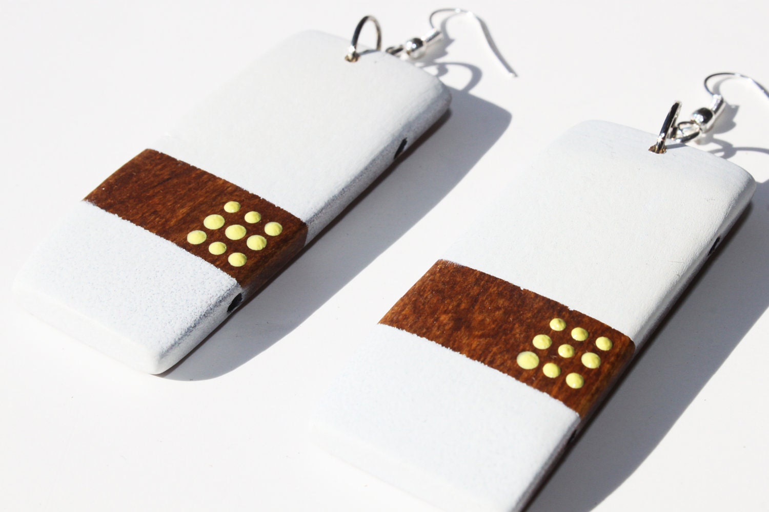 White and Brown with Yellow Dots Rectangle Dangle Earrings by Cre8tivesoul
