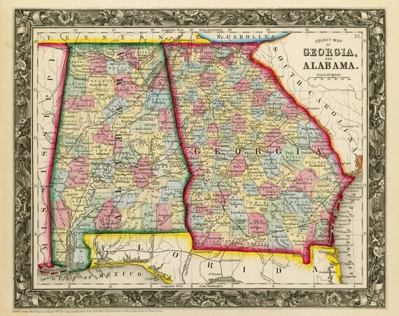 Vintage state map of Alabama and Georgia - 1860 PRINT - 11 x 14" (Larger sizes available)