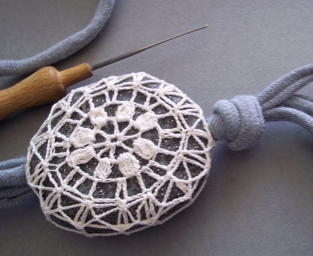 White circle crochet pendant recycled fabric necklace / retro lace covered fake rock/ under 50