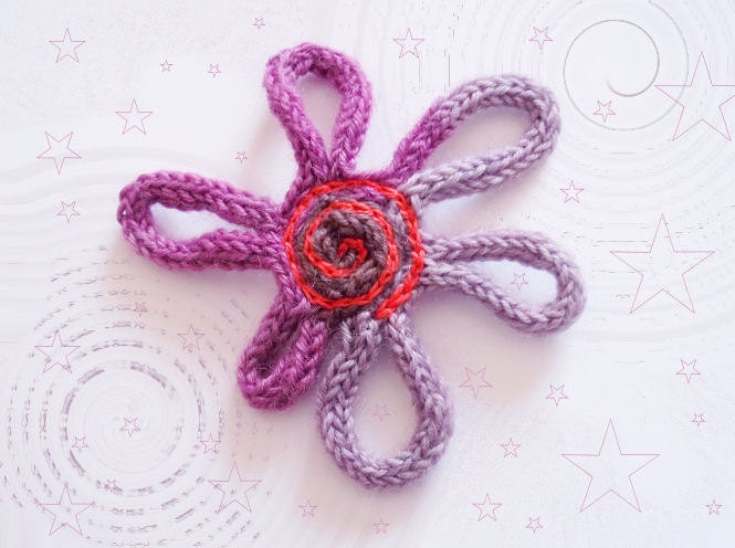 Knitted Brooch Handknitted Pin Wool Badge Purple Cell Asymmetrical Flower Embroidered Spiral Freeform Yarn Art