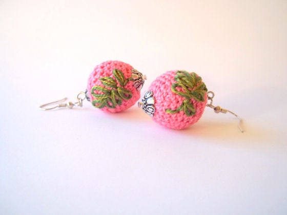 Pink Earrings Green Leaf Motif Crocheted Embroidered Spring Fashion Dangle Gift Wrapped Made to Order