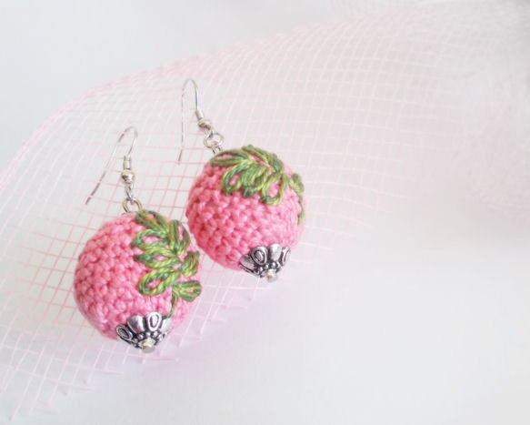Pink Earrings Green Leaf Motif Crocheted Embroidered Spring Fashion Dangle Gift Wrapped Made to Order
