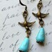 Turquoise Bird Earrings - Magnesite Teardrops - Antique Brass Sparrow - Chain Long DangleREADY TO SHIP