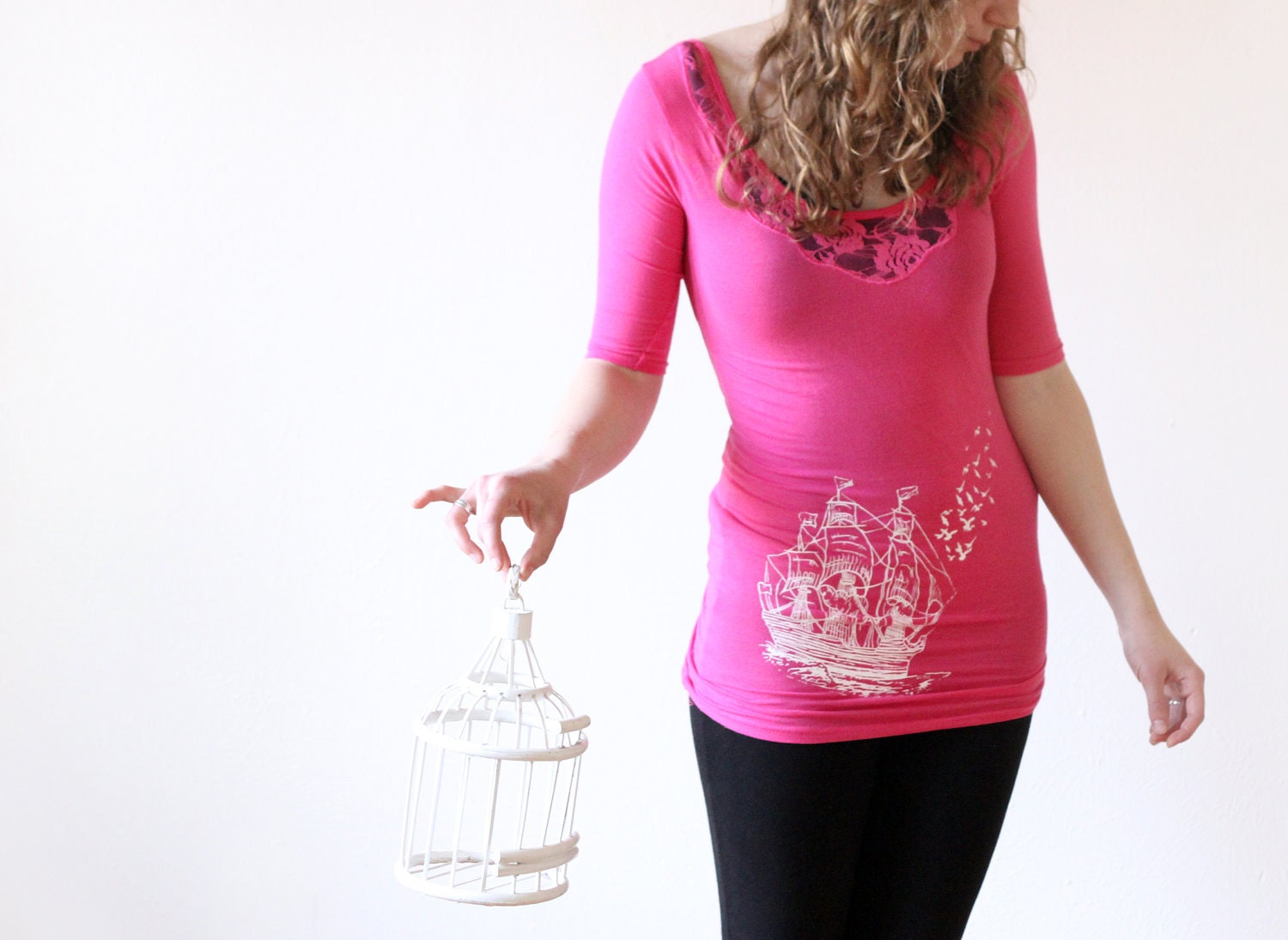 Screenprinted Pink Blouse // Ship & Birds //  Size Small, Upcycled, Nautical