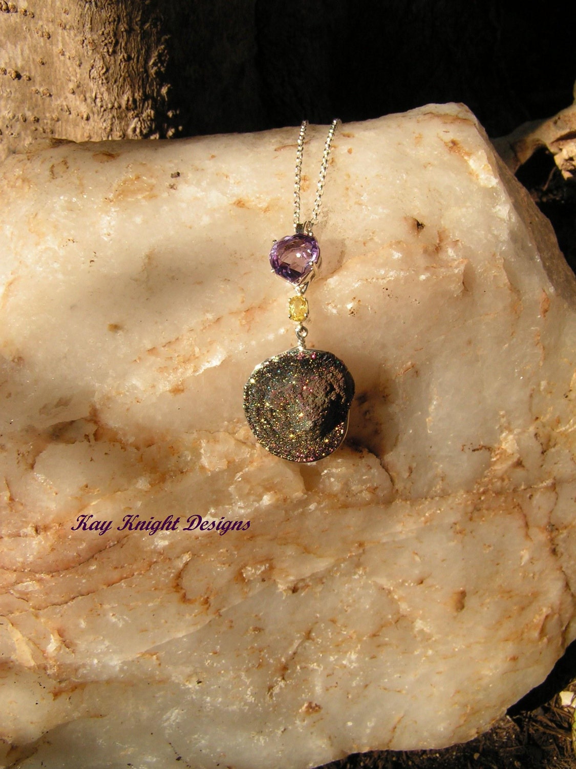 Purple Druse and Amythest and yellow sapphire pendant in Sterling Silver