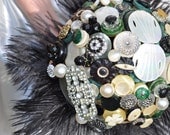 Tallulah Vintage Button Bouquet - Art Deco Green Black Ivory Ready to ship