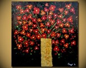 Original Large Abstract black red gold Floral vase bouquet flowers Modern Contemporary Fine Art Acrylic Painting