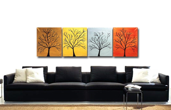 Large Tree Painting for Sale Four Canvases Modern Abstract Art Original Wall Art Handmade 64x20 Copper Bronze Silver Gold