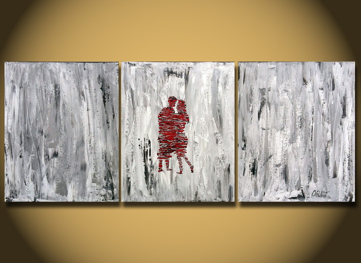 Art paintings ON Sale - Original 24x48 Inces, Couple In Love, Lovers Kissing, Huge Painting, Heavy Texture Black White Impasto Ready to Hang