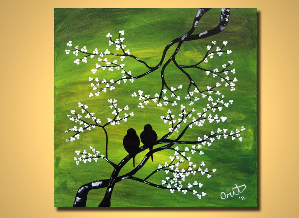LOVE BIRDS Painting Landscape Modern, Lovebird wall art, ORIGINAL Lovebirds Art Green White Birds on a tree Huge on canvas
