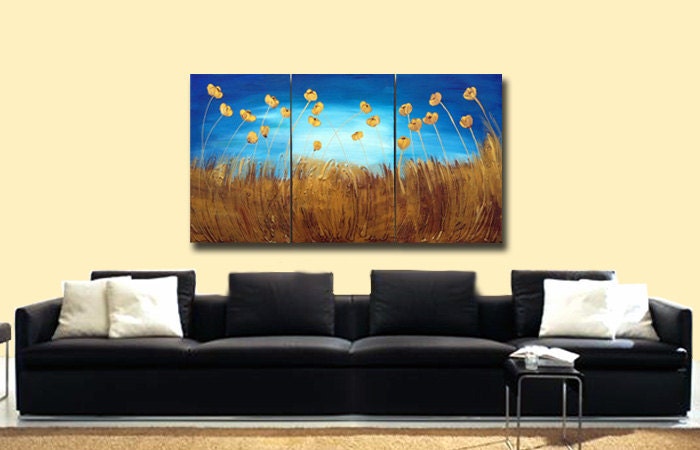 SALE Painting, ORIGINAL Large Amazing Flowers Abstract, Textured Gold Flowers, Landscape Painting, Modern Palette Knife, Ready to Hang 48x