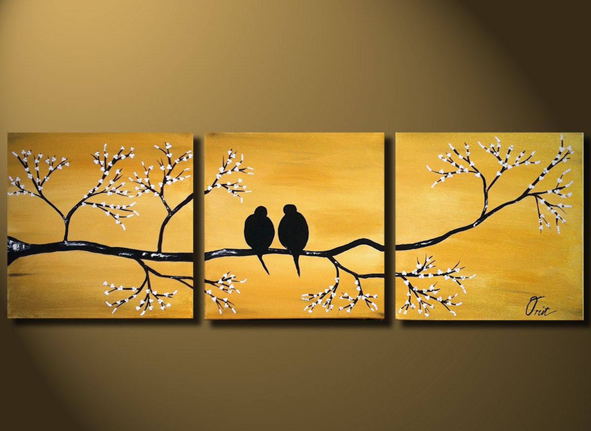 Gold Love Birds Painting, Original LARGE Canvas 36x12, Loving, Romantic, Wedding Gift, Flowers Tree Landscape, ready to hung, Metal Fine Art