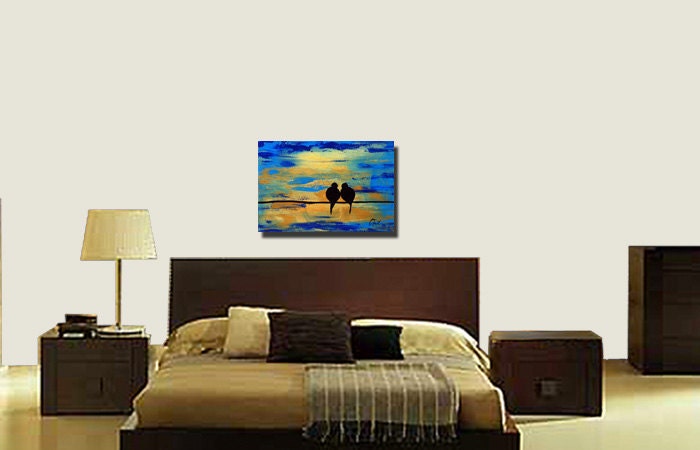 Original Painting Love Birds Wall Art Sky Blue Gold Heavy Texutre Impasto Metalic Mixed media Birds Unique One of a kind Canvas Wedding Gift