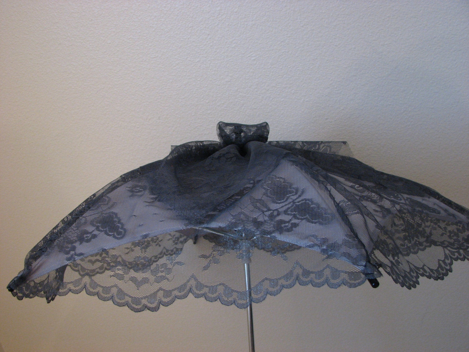 VICTORIAN PARASOL in Silver Gray Satin with Two Overlayers of Delicate Gray Lace and Scalloped Edge