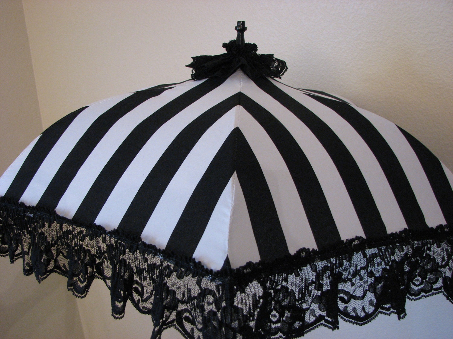 Victorian PARASOL in Black and White Stripe Fabric Accented with a Black Lace Ruffle