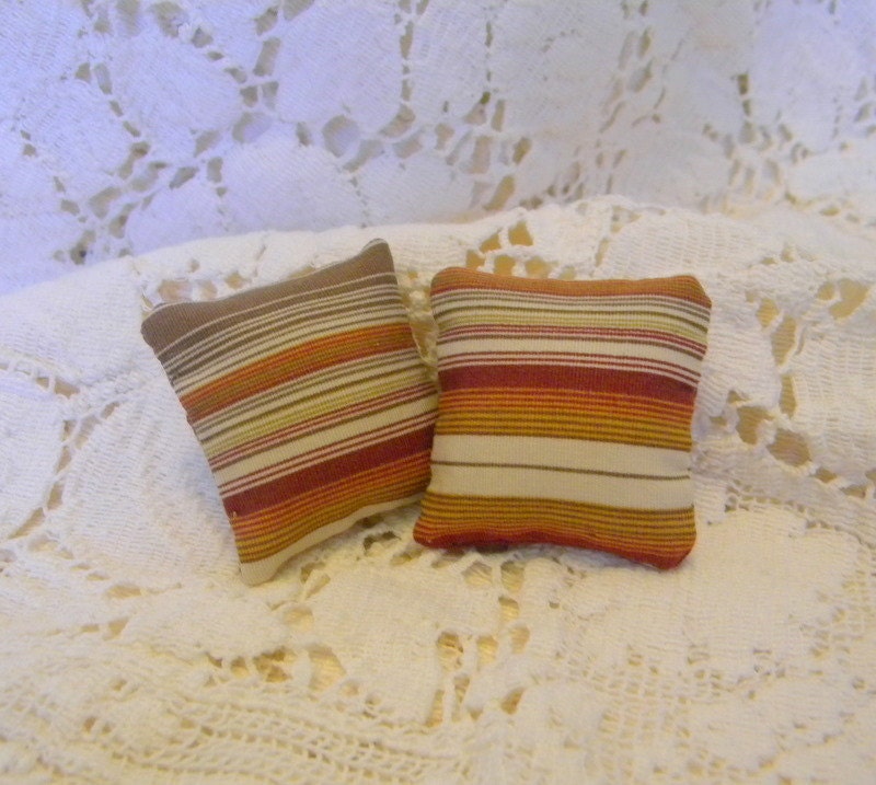 Chic striped pillows in brown and rust dollhouse miniatures