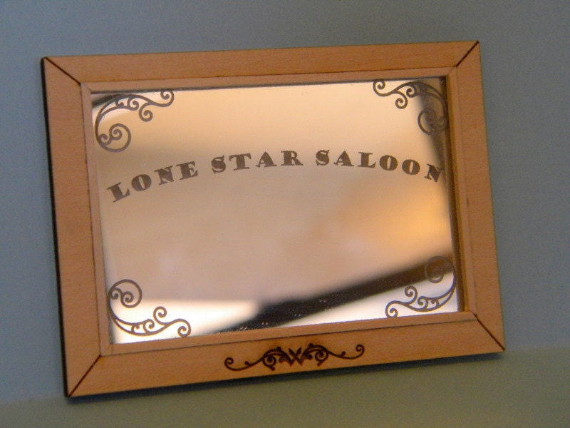 Etched bar mirror engraved with your name and framed for dollhouse