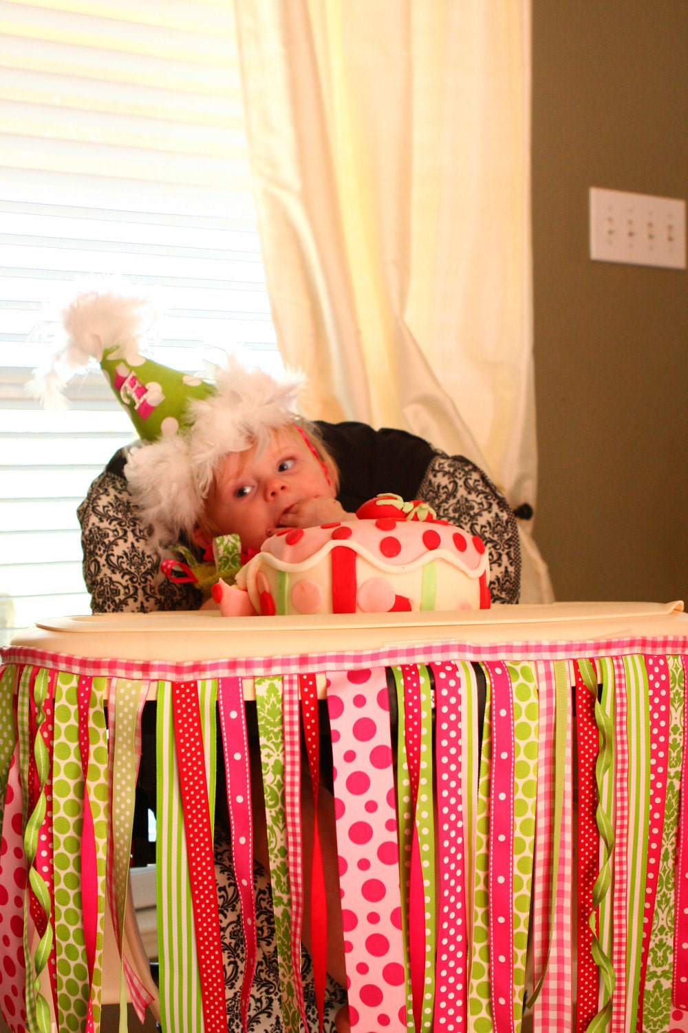 Ribbon Highchair Birthday Banner, Strawberry Shortcake party, Pink, Green and Red, 1st Birthday