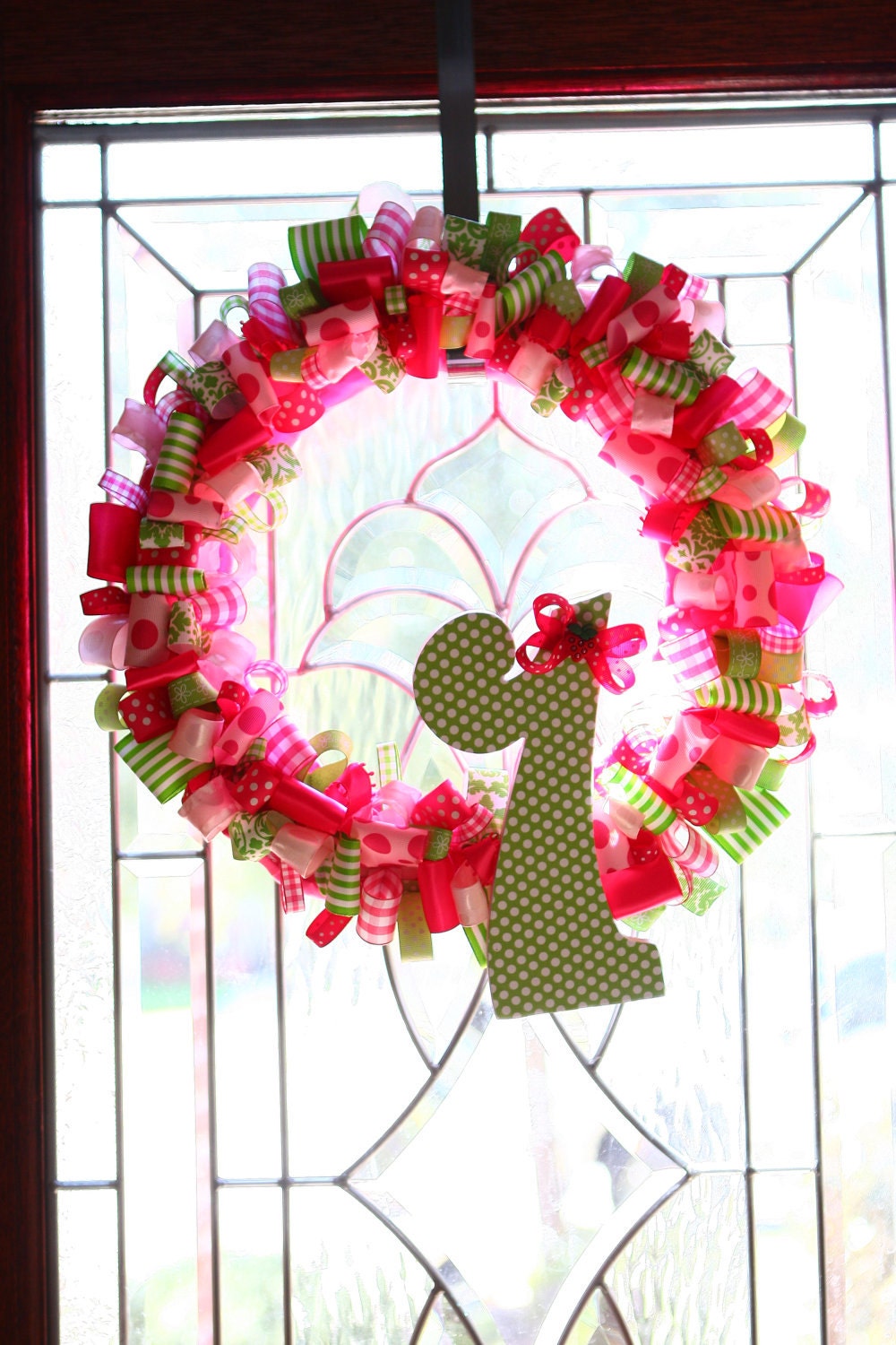 SALE Ribbon Wreath, Strawberry Shortcake Birthday Wreath, First Birthday, Pink and Green