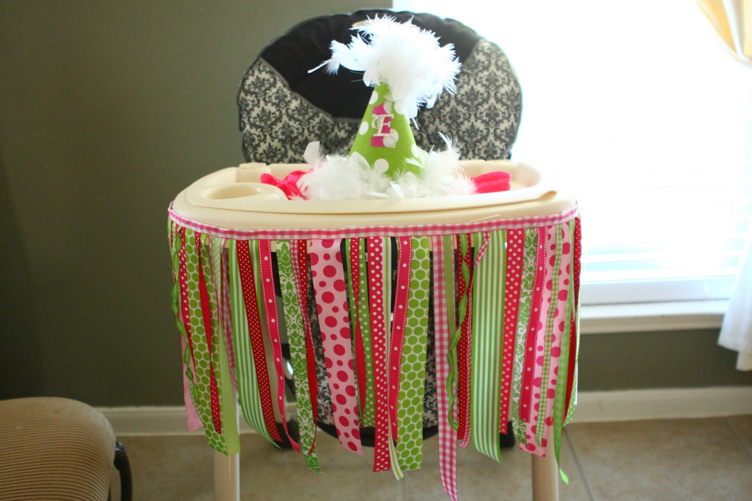 Ribbon Highchair Birthday Banner, Strawberry Shortcake party, Pink, Green and Red, 1st Birthday
