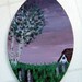 Miniature original painting - Purple summer sky with lupine field, birch trees & house