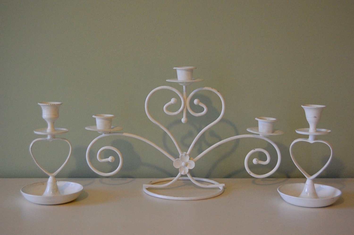 Heart Motif Set of 3 White Distressed Metal Candle Holders