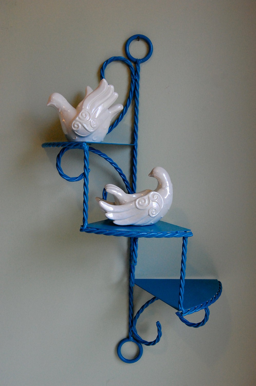 Vintage Beautiful Teal Blue Distressed Salvaged  3 Tiered Shelf