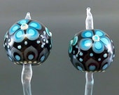 Handmade lampwork 2 beads pair--Black--Blue Flower Blossom--EARRING-SRA--make to order-- - veradacraft