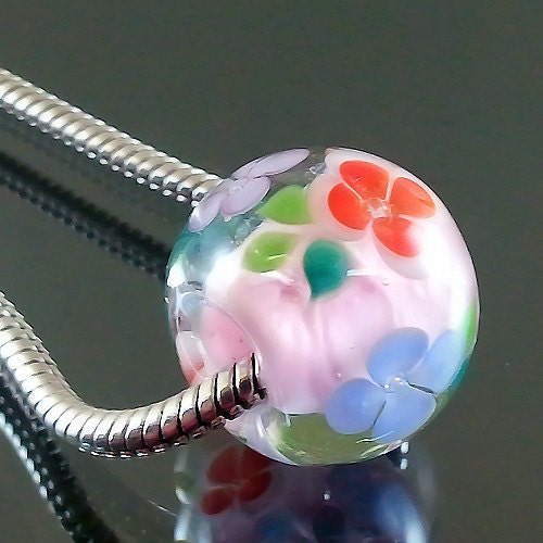 Pikalda : Handmade Lampwork 1 glass big hole charm bead-'Pink Garden'-SRA-make to order