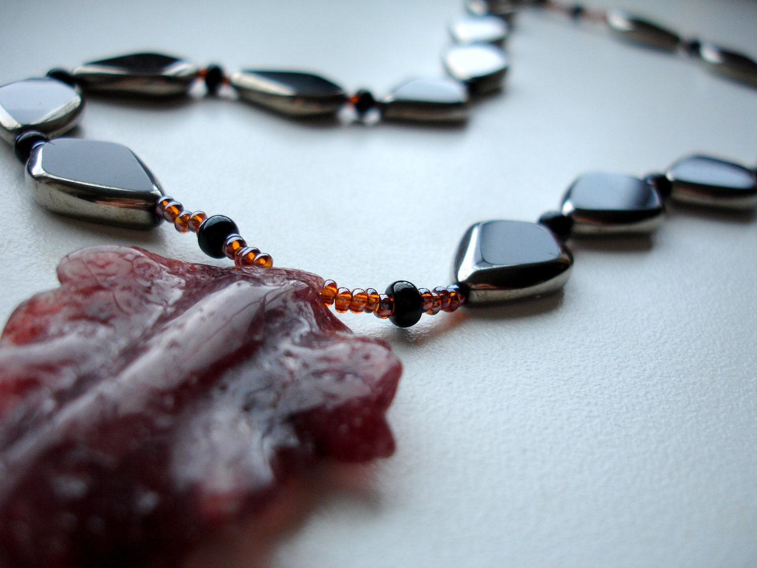 RESERVED Necklace Brown Leaf Rodonita Black Glass