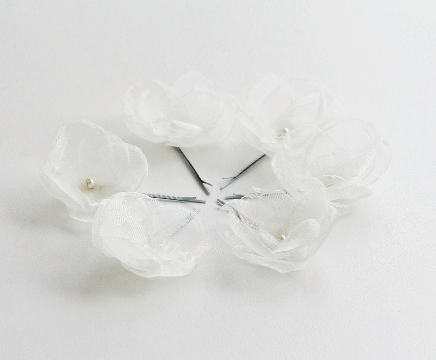 Set of 6 Organza Flowers Bobby Pins in Ivory