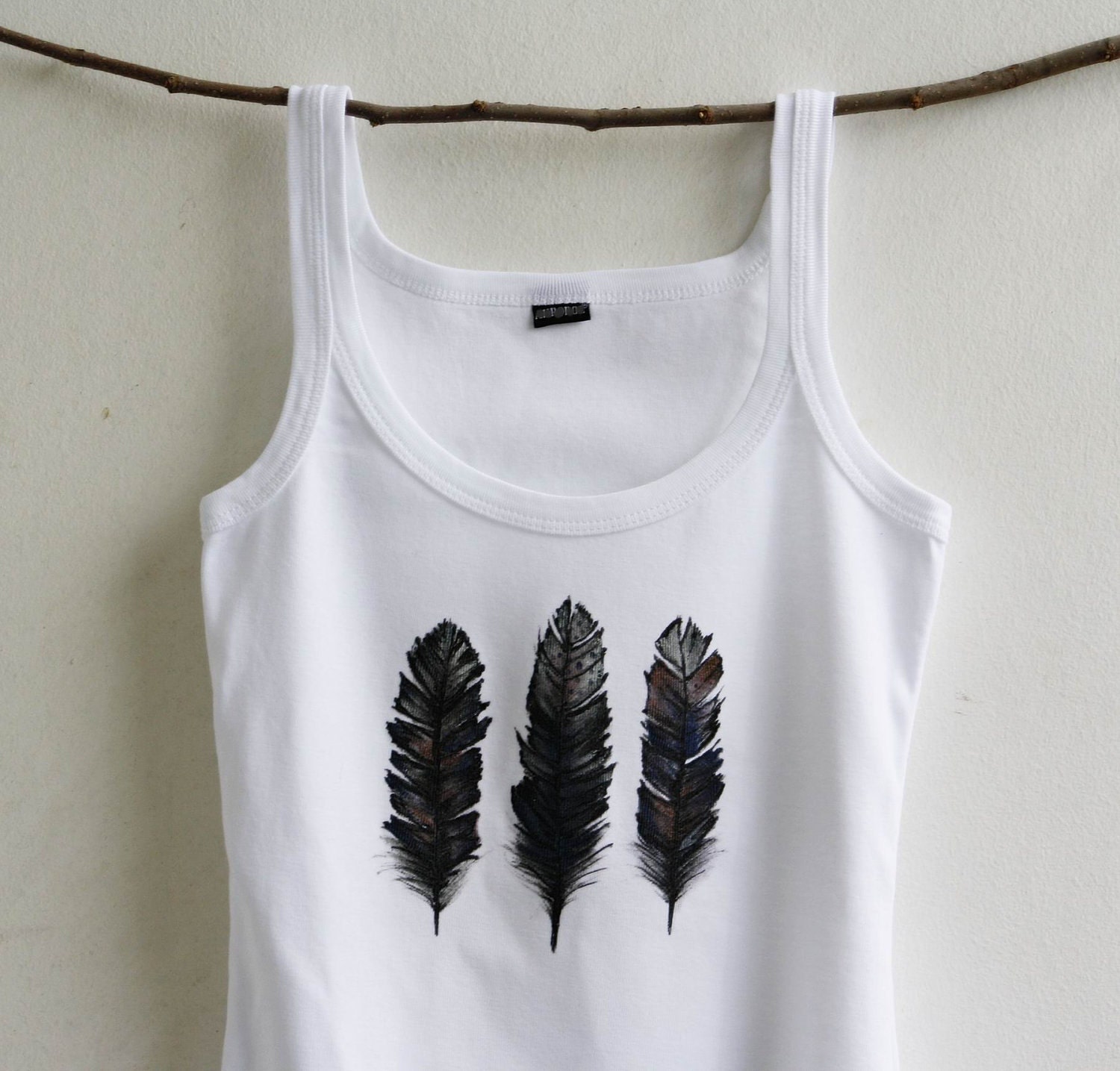 Feather Design Hand Painted White Cotton Top size S