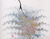 Peacock  - Original Marbling Art, Marbled Paper, the Original "Marbled Graphics"TM by Robert Wu