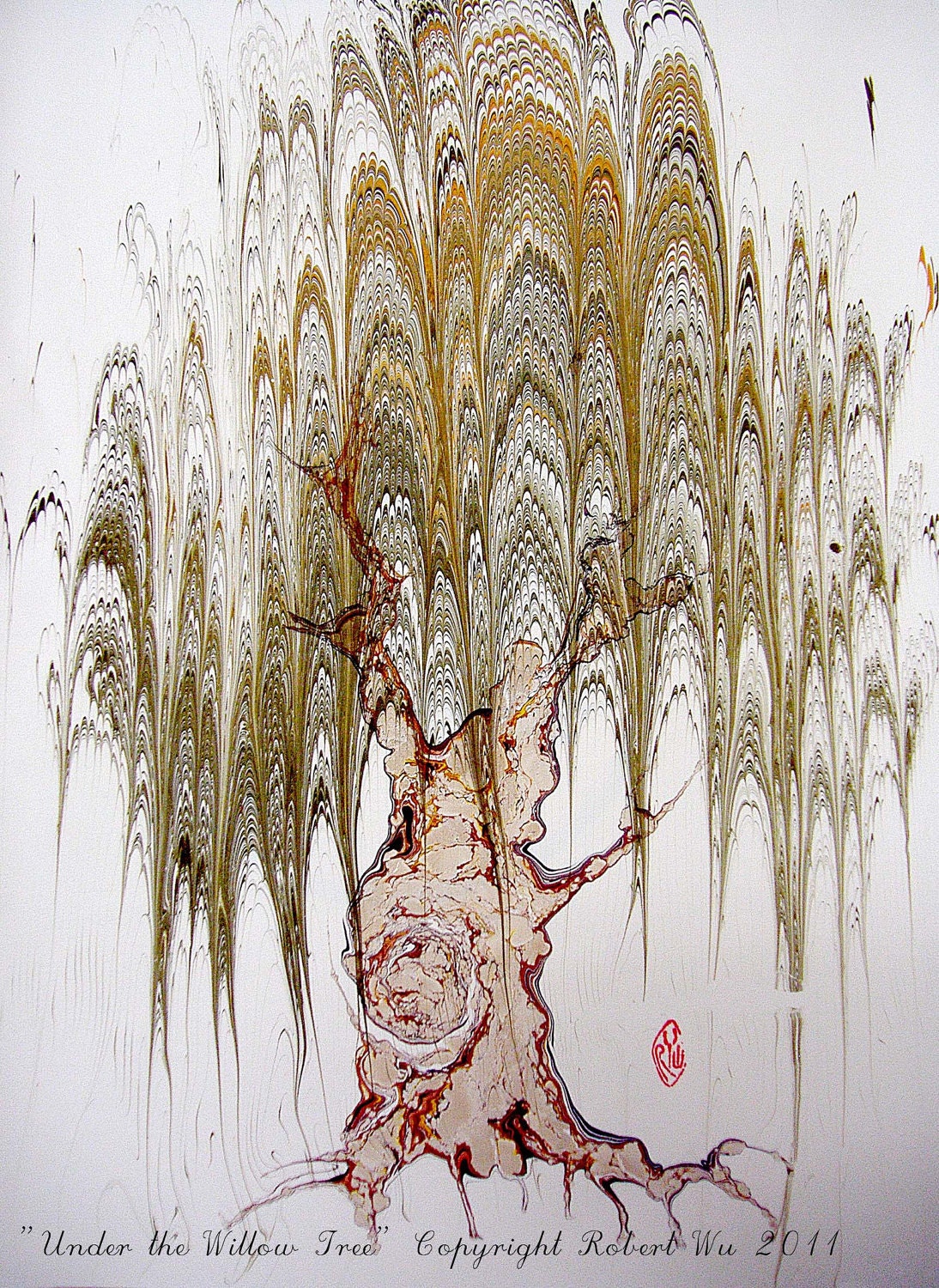 Willow Tree - Original Marbling Art, Hand Marbled Paper, The Original " Marbled Graphics"TM by Robert Wu