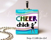 CHEER CHICK Cheerleader Rainbow Retro Scrabble Wood Tile Necklace Pendant (ball chain sold separately-MANY colors available)