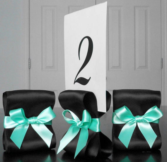 Table Number Holders - Wedding Decor - Set of Ten (10) with Black and Aqua Satin Ribbon - Customize Your Colors
