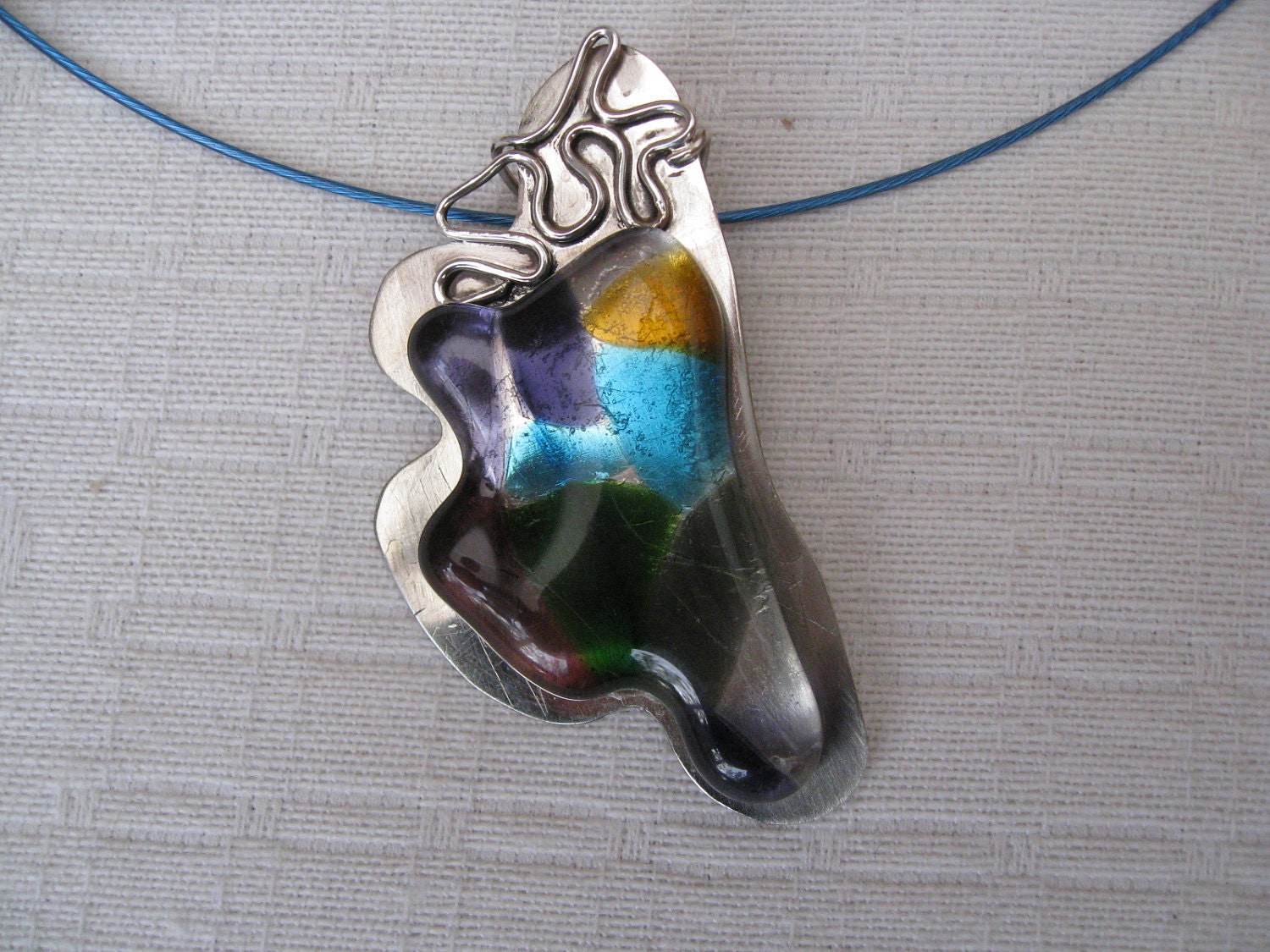 Painter's Palette Pendant, Silver and fused glass,
