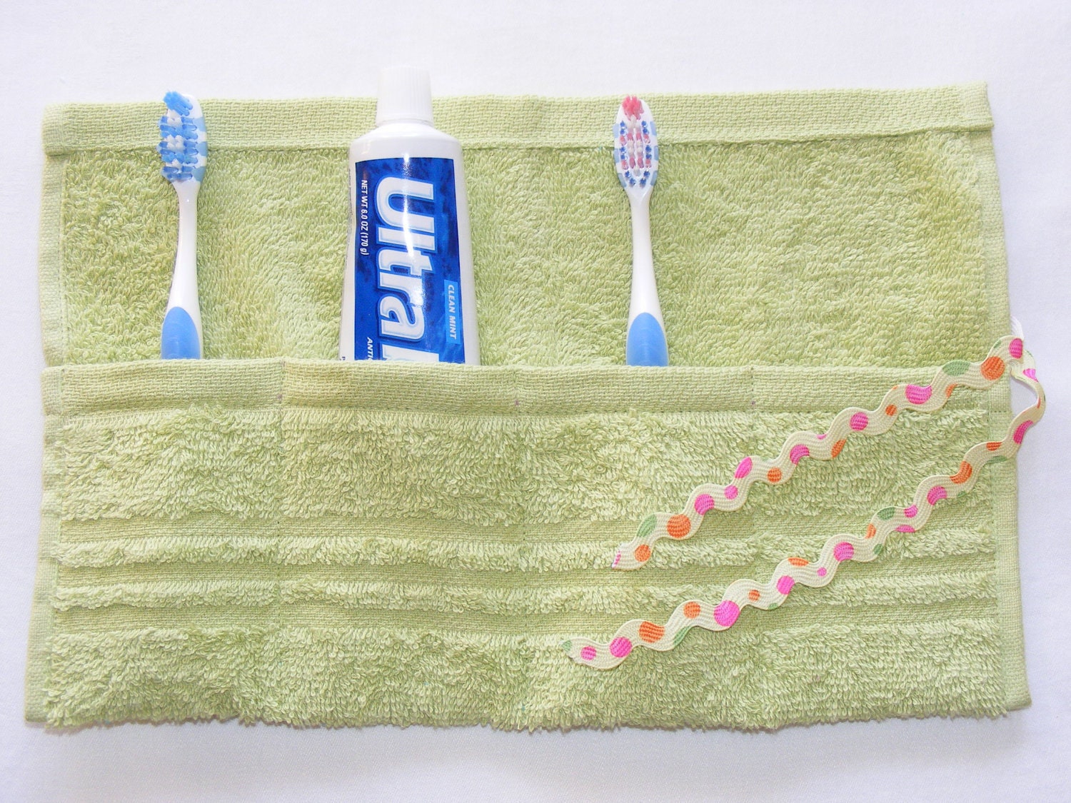 Pinterest Favorite Terrycloth Toothbrush and Paste Travel Roll in Spring Green...popular little gift...free shipping